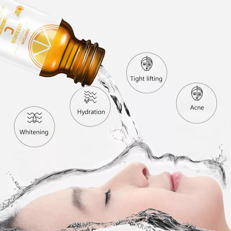 Glow Boost Vitamin C Serum dropper bottle pouring serum onto a calm face for hydration and whitening
