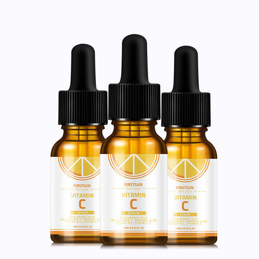 Three FIRSTSUN Glow Boost Vitamin C Serum dropper bottles in amber glass with white labels (10ml each).
