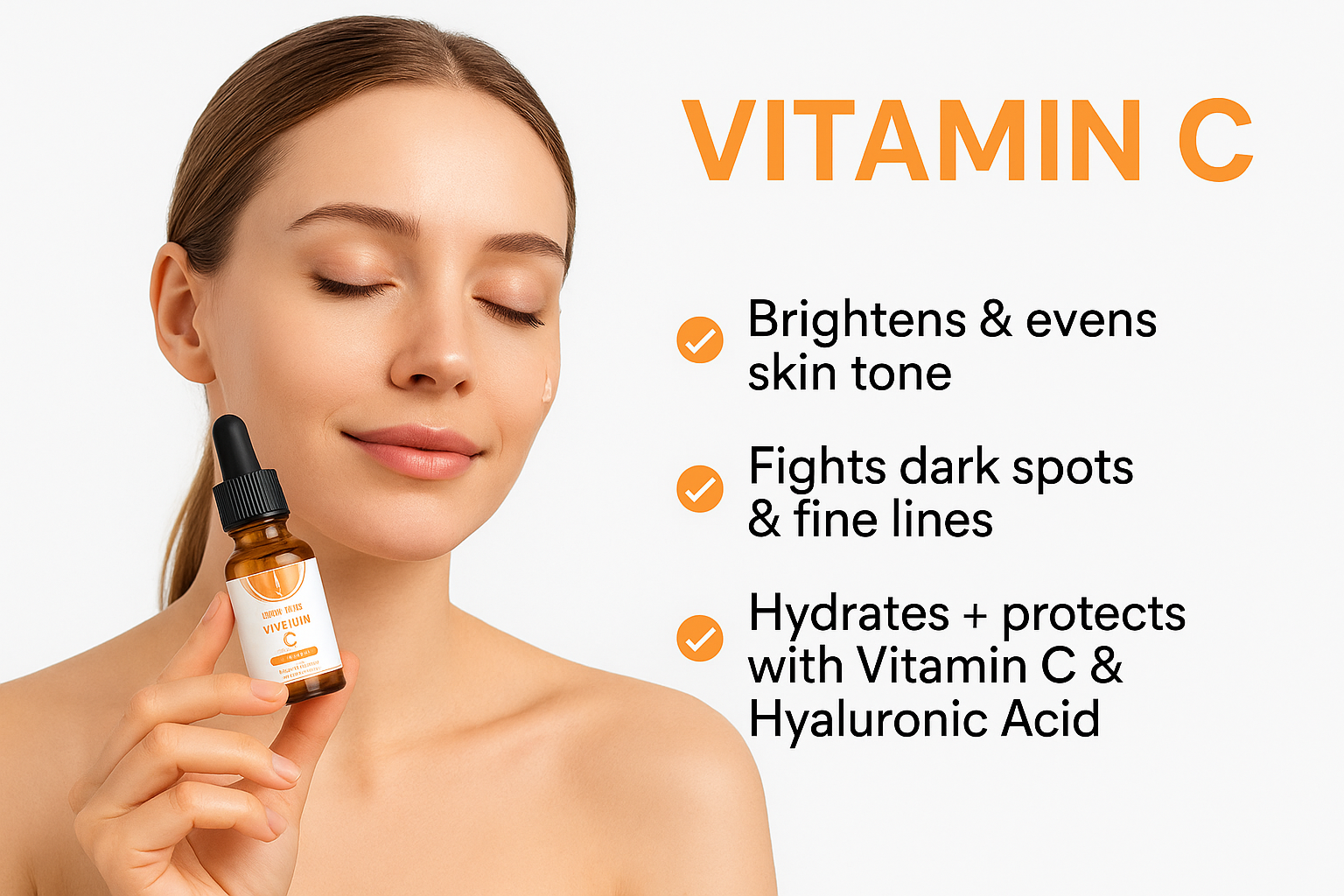 Glow Boost Vitamin C Serum bottle held by a model; promotes brightening and hydration.